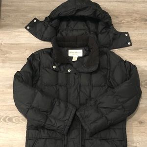Eddie Bauer Black Hooded Thigh Length Puffer Coat